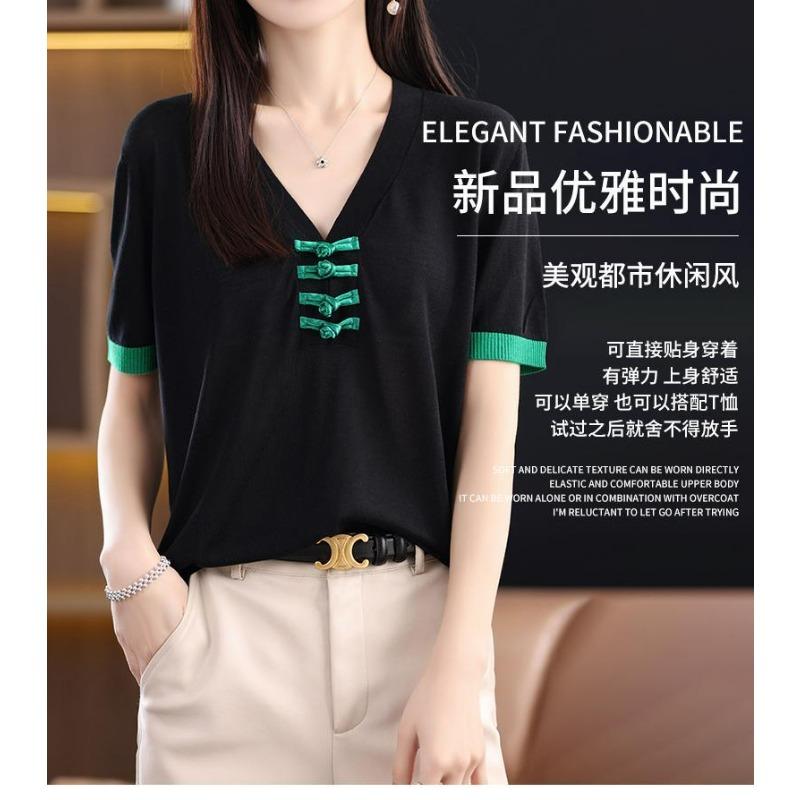 Women's Spring Summer Chinese Style V-neck Knit Short Sleeve Top Casual T-shirt