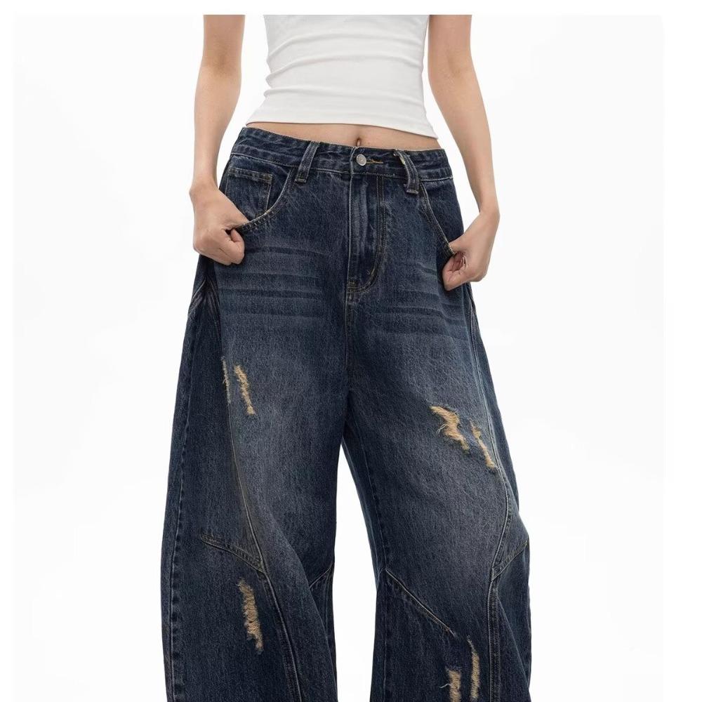 Vintage Women’s Wide-Leg Washed Scimitar Jeans - Retro, Loose Fit, Deconstructed Casual Pants