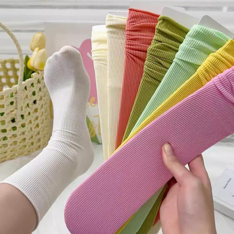 Women Colorful Loose No Pilling Socks Knitting Rib Ice Thin Spring Summer Female Socks High Tube Streetwear College Style Sock