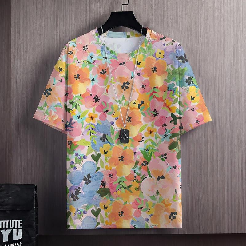 Colorful Flowers Clusters 3D Print T Shirt For Men Grass Plant Pattern Tees Summer Casual Short Sleeve Tops Round Neck T-Shirts
