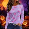 Women's Halloween Print Long Sleeve Round Neck Top with Split Hem