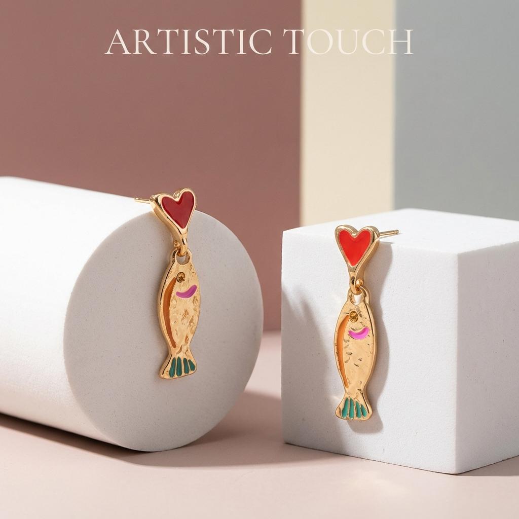 Simple Small Heart Drop Earrings for Women Creative Gold Color Enamel Fish Earrings Bohemia Beach Summer Holiday Jewelry