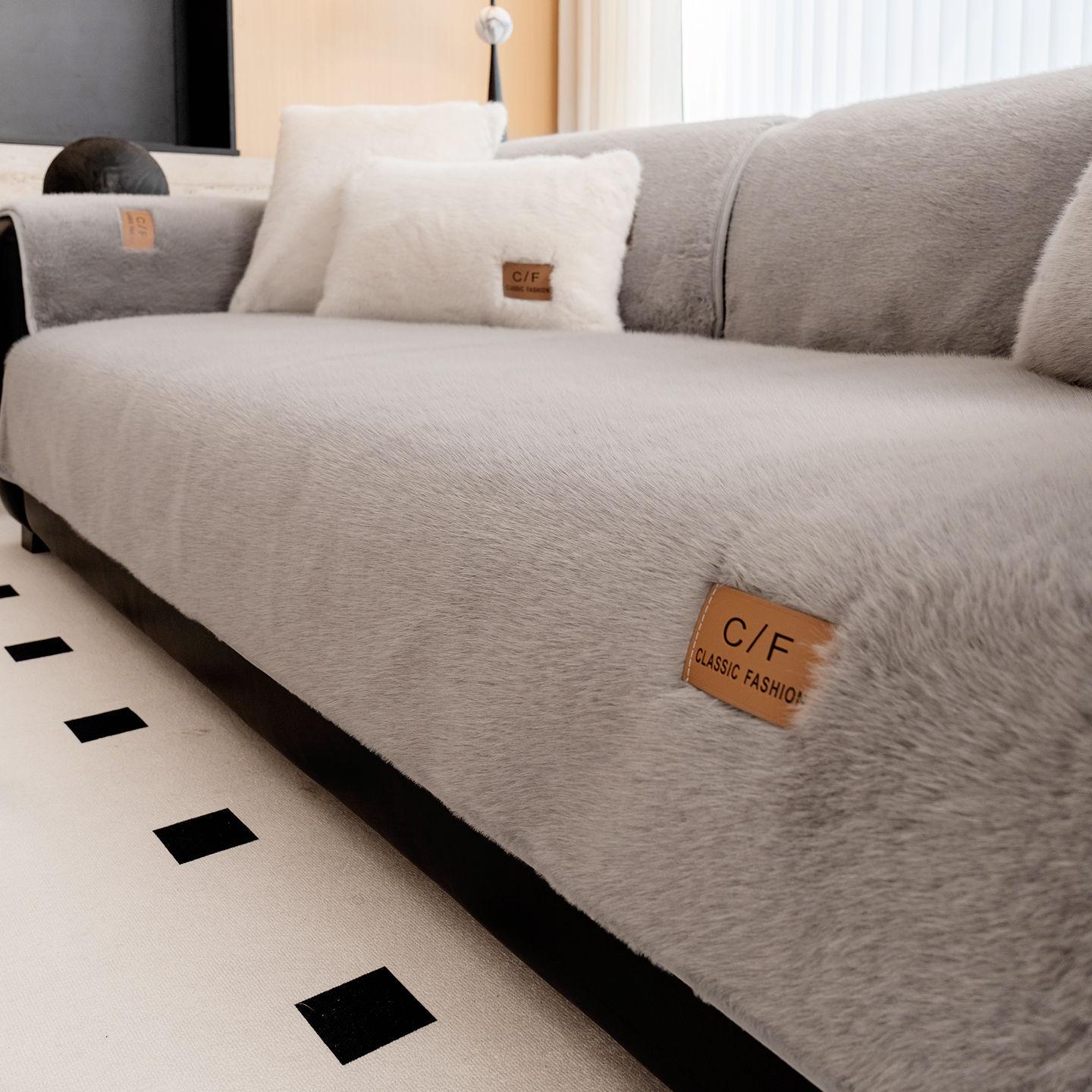 

Straight Sofa Cover Cloth Thick Mink Fur Fixed Non Slip Sofa Cushion Cover Warm and Heat Storage in Autumn and Winter Seasons 70x70cm сірий
