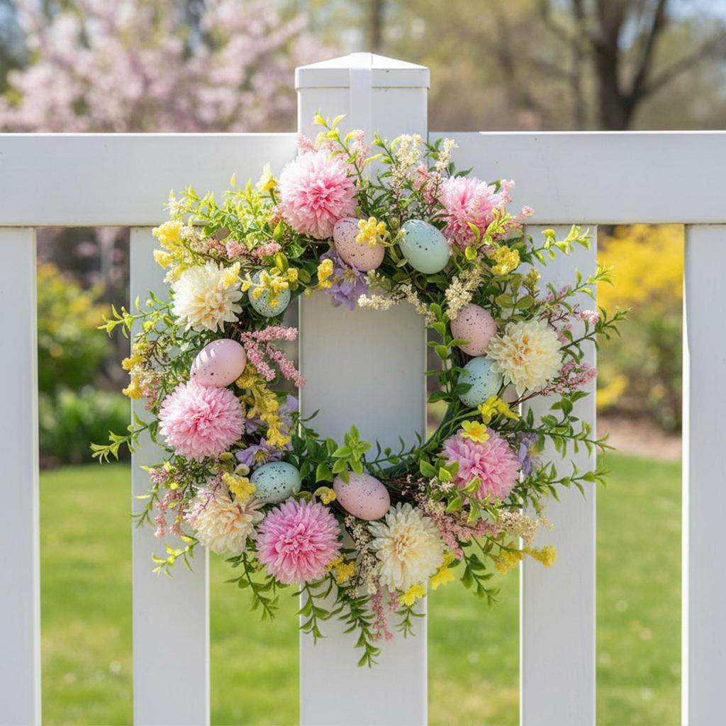 Spring Wreaths For Front Door Colorful Eggs Daisies Spring Garland 15.75inch Artificial Easter Outdoor Door Wreaths Decoration