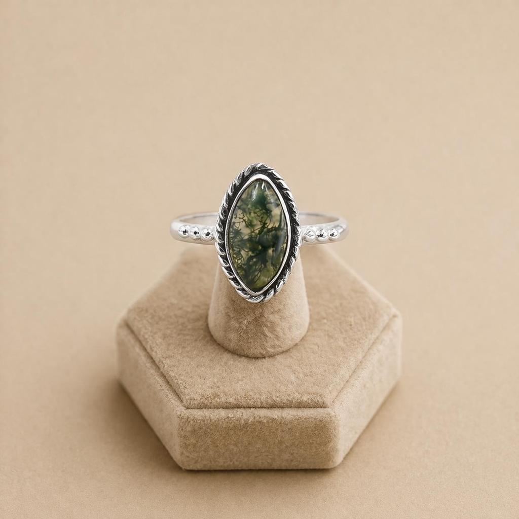 Green Moss Agate Marquise Ring 6x12mm, 925 Sterling Silver Statement Ring, Natural Boho Gemstone Jewelry