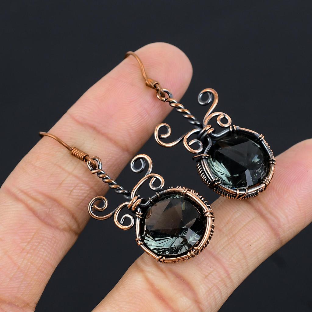 Green Amethyst Gemstone Earrings, 999 Copper Wire Wrapped Earrings, Handmade Antique Jewelry, Gift For Mother Day