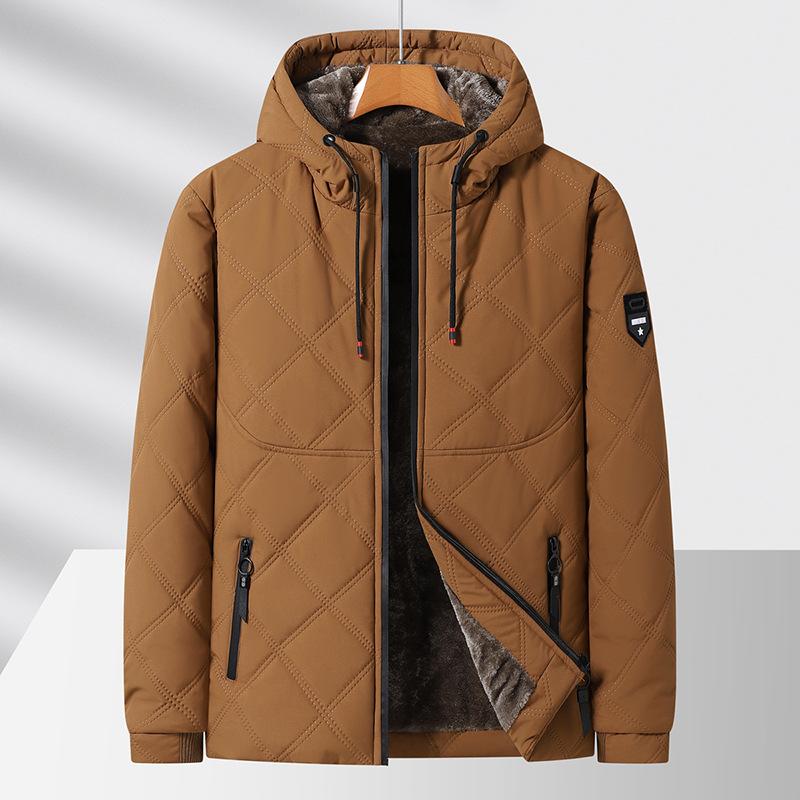 New Autumn and Winter Cotton Coat for Men's Hooded and Velvet Diamond Plaid Warm and Cold-proof Cotton Coat