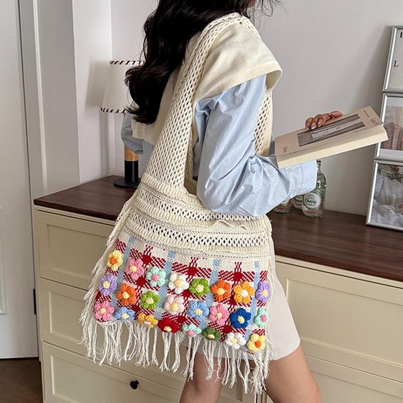 Fashion Crochet Knit Shoulder Tote Bag with Colorful Flower Tassel Womens Shoulder Bag for Vacation Shopping and Daily Outing Ladies' Holiday Gifts