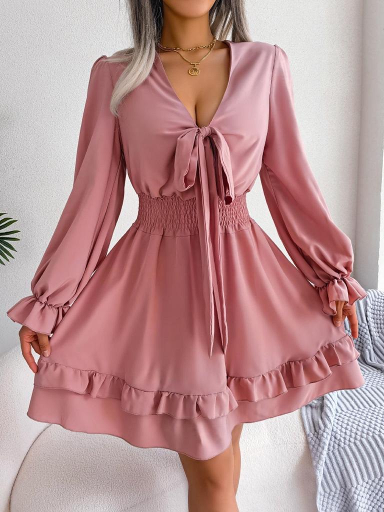 V Neck Solid Color Dress Waist Hugging  Elegant Fungus Dress for Women Long Sleeve Loose Dresses Causal Dress