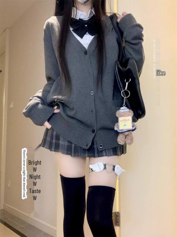 Women's Academy Style Dark Grey Long Sleeve Cardigan Sweater Coat - Autumn 2024 Collection