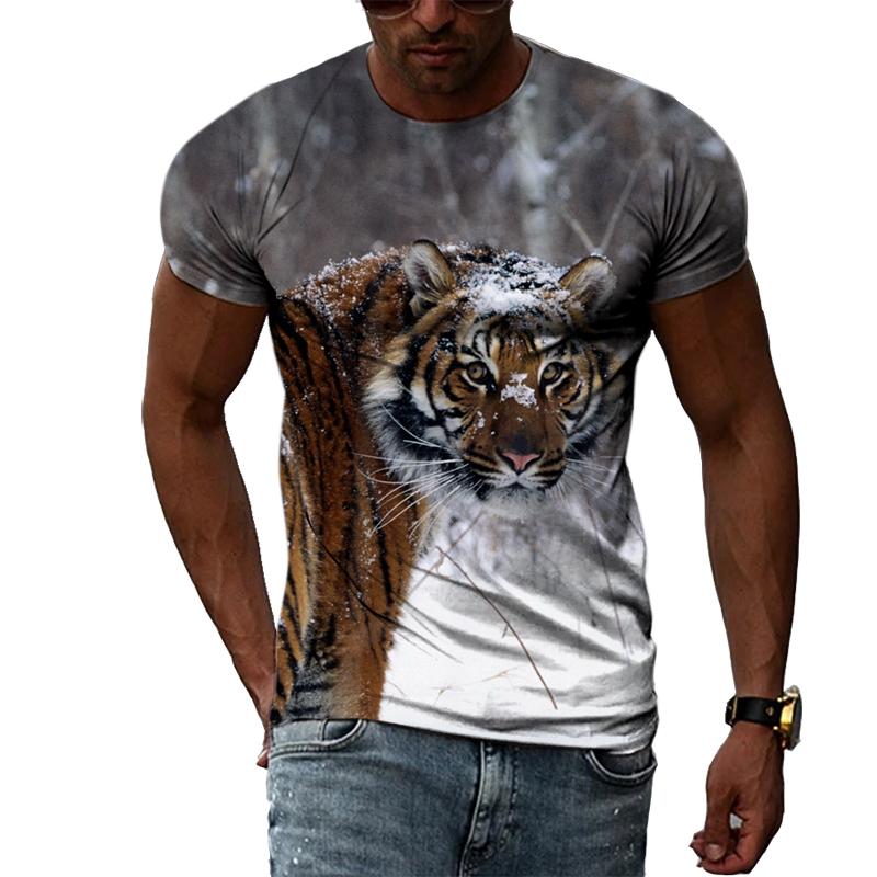 Fashion Handsome Animal Tiger Print Men T-shirt Summer Trend Casual Personality Hip Hop Street Style O-neck Short Sleeve T-shirt