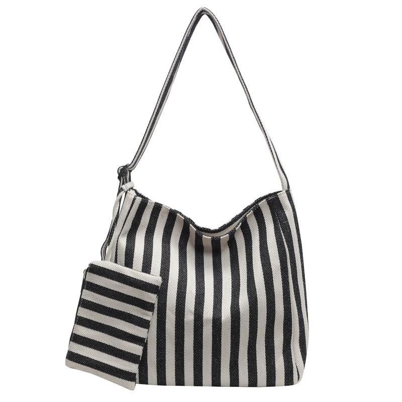 Retro literary handbag simple small fresh striped shoulder bag casual fashion large capacity shopping bag