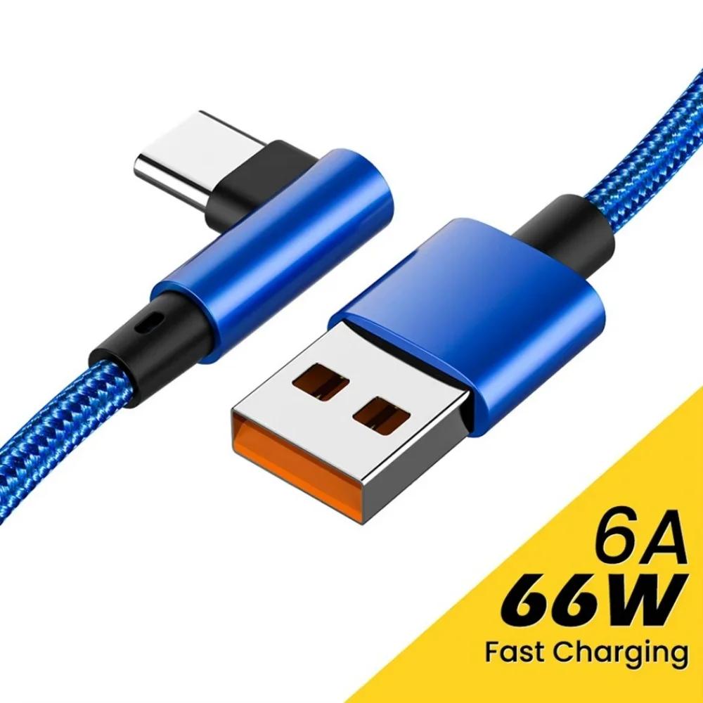 6A 66W USB C Cable 90° Elbow Fast Charging Cord For Samsung Xiaomi Huawei OnePlus Android 0.25-3M Nylon Braided Quick Charge