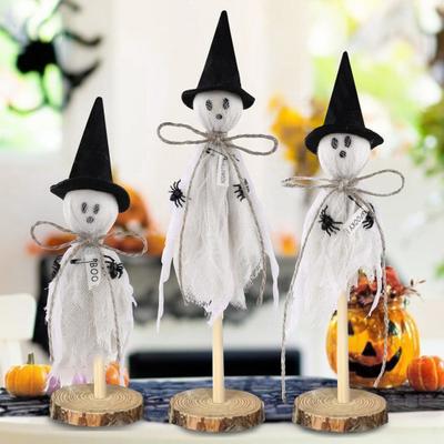 Yousheng 3Pcs Ghost Ornaments Wooden Halloween Decorations Adorable Shape Fabric Ghost Figures Table Decor Party Supplies