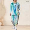 Women Plus Size Green Yellow Beige Printed Nurse Scrub Set V Neck Long Sleeve Top With Pockets Long Pants