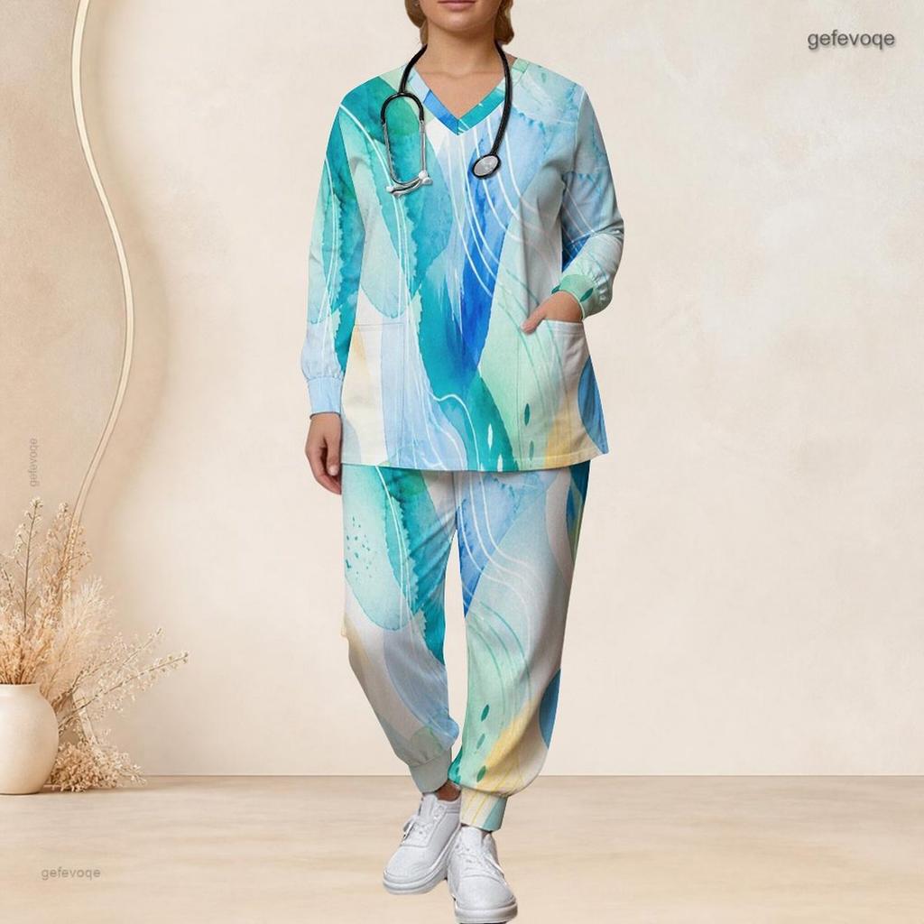 Women Plus Size Green Yellow Beige Printed Nurse Scrub Set V Neck Long Sleeve Top With Pockets Long Pants