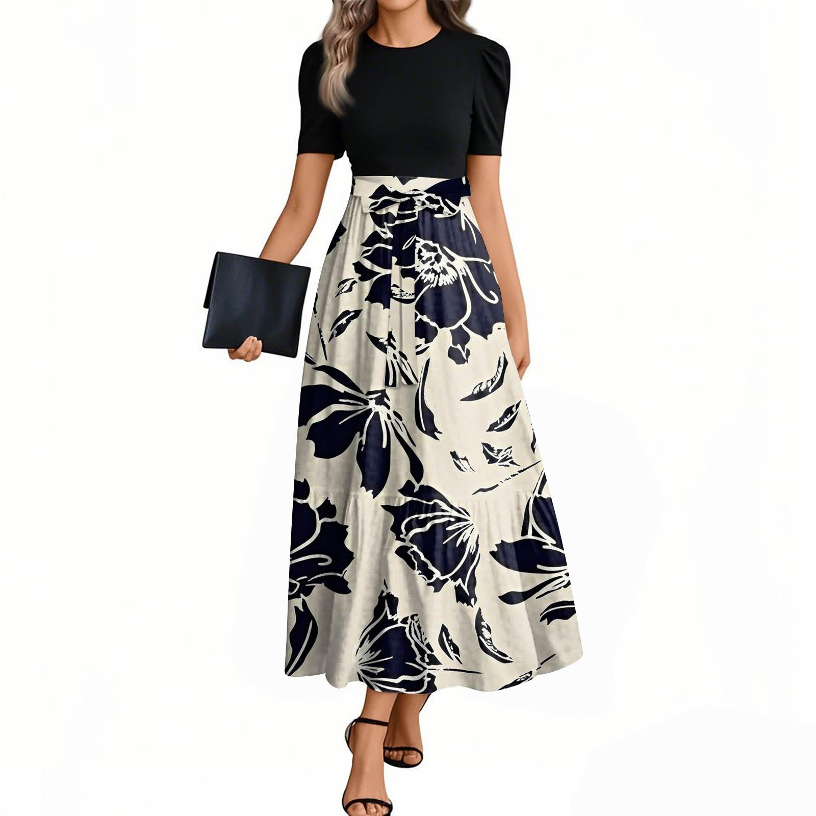 

Женские модные повседневные платья с поясом, короткими рукавами и круглым вырезом, с принтом, элегантные, темпераментные S