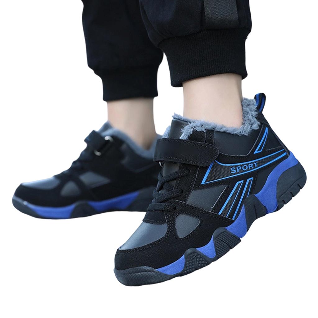 Winter Fleece Lined Kids Running Shoes Lightweight Breathable Athletic Sneakers with Hook and Loop Closure for Elementary School Children