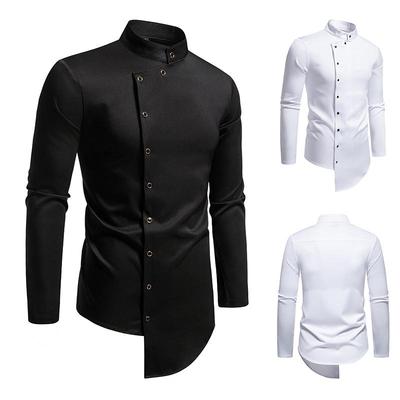 Outono Masculino Moda Irregularmente Degsin Camisas Manga Comprida Gola Alta Cor Sólida Camisas Casuais Camisas Trespassadas