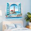 3D Faux Window Lighthouse Seascape Wall Sticker Self-Adhesive Removable Mediterranean Style Living Room Bedroom Background Wall Home Decor