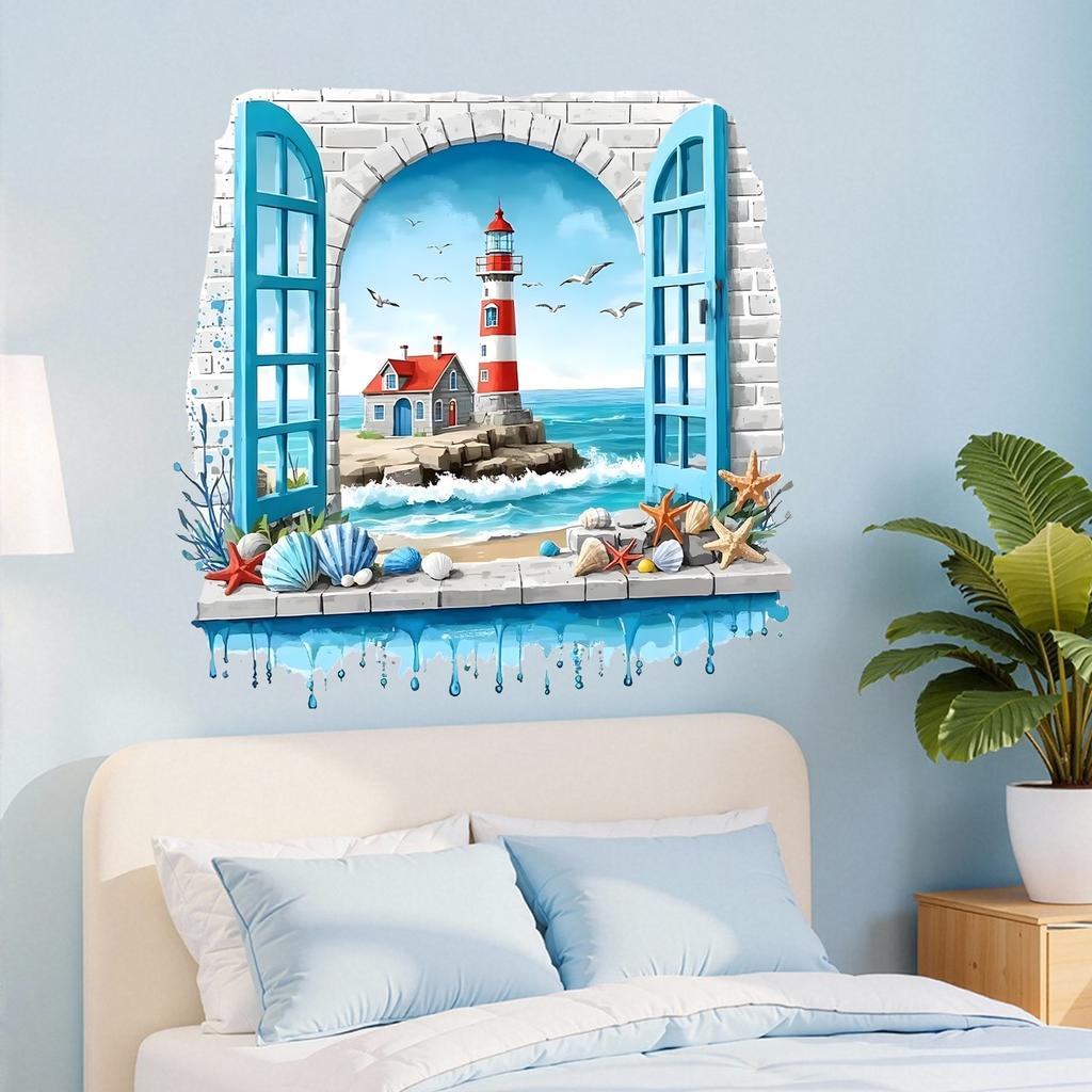 3D Faux Window Lighthouse Seascape Wall Sticker Self-Adhesive Removable Mediterranean Style Living Room Bedroom Background Wall Home Decor