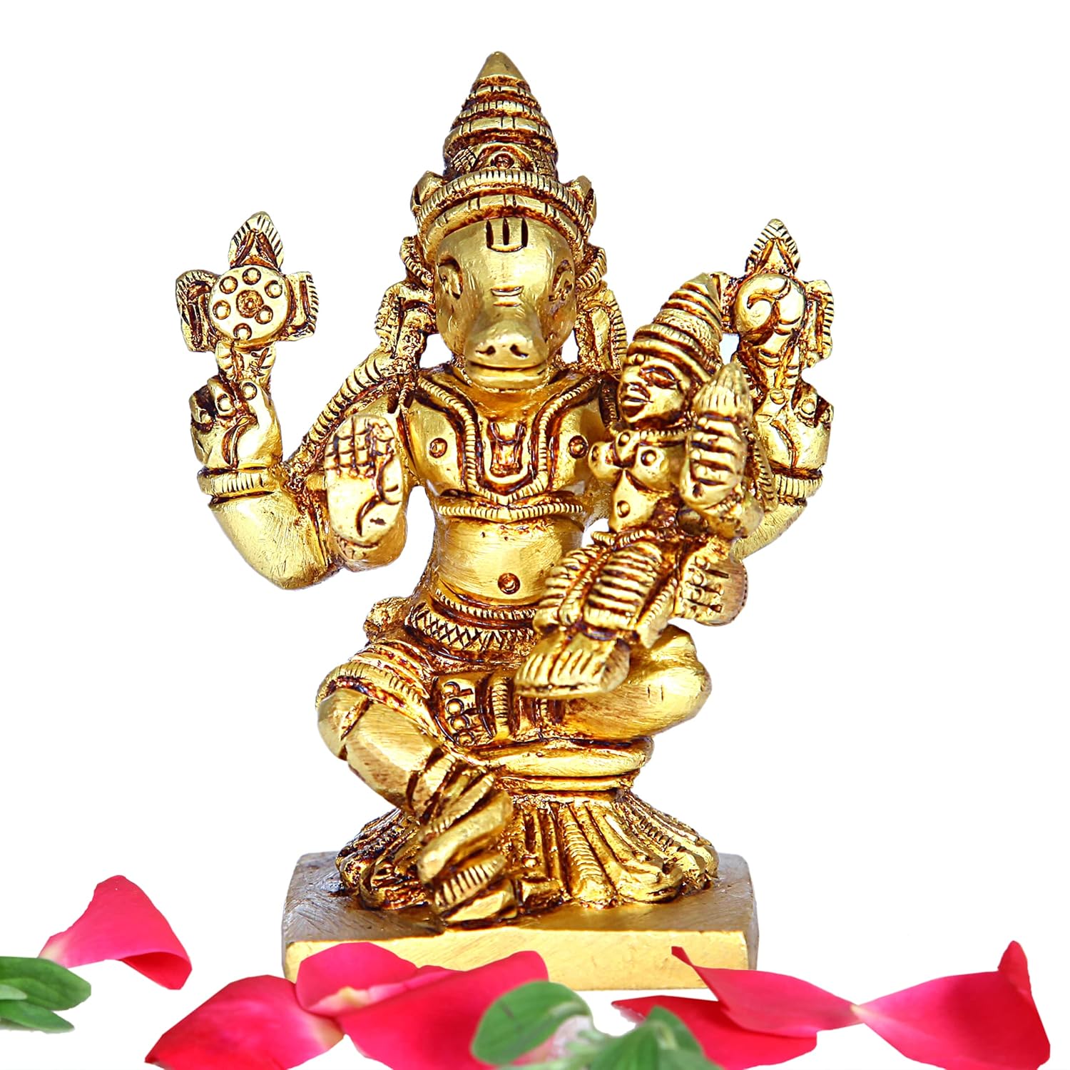 Статуэтка Богини Лакшми и Хаягривы, Золотая статуэтка Хаягривы, Латунь, Золото - 8 см