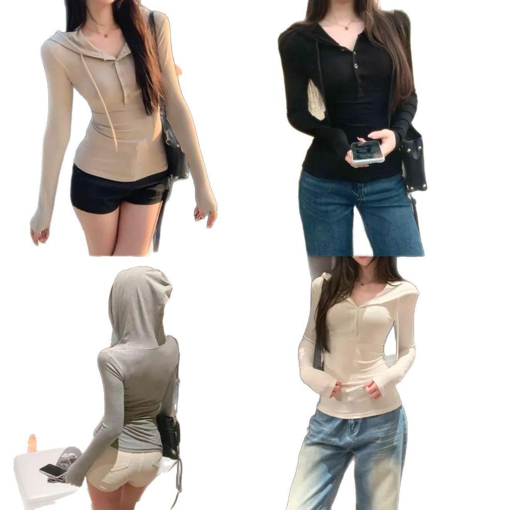 Minimalist Slim Fit Hoodie: Spring/Autumn Long Sleeve, Waist-Hugging, Half Button Top for Women