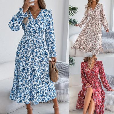 Women Elegant Floral Cross V Neck High Waist Ruffle Long Sleeve A Line Maxi Dress