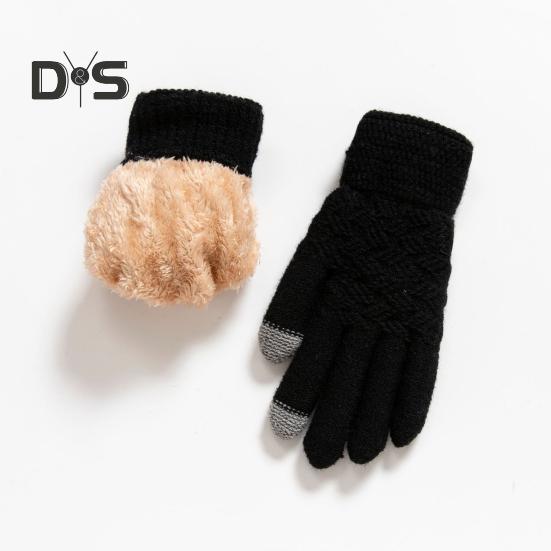 1 Pair Women Winter Gloves Double-layer Thickened Plush Jacquard Knitted Five Fingers Unisex Anti-slip Cold Weather Driving Golfing Skiing Skating