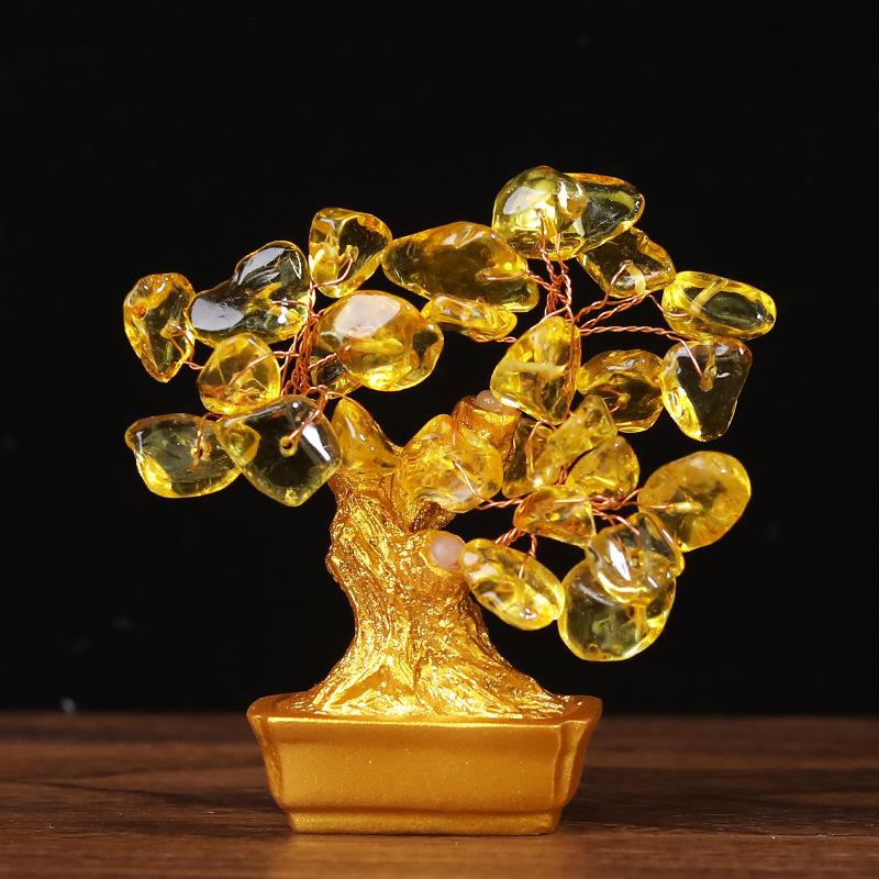 19Cm 14Cm Delicate Yellow Crystal Money Tree Ornament Home Office Shop Feng Shui Art Decoration Tabletop Lucky Wealth Tree