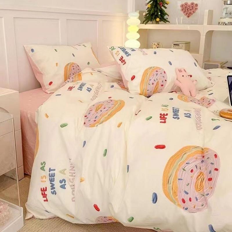 Cartoon Bear Washed Cotton Four-piece Set, Bed Sheet Quilt Cover, Bedding Three-piece Set, Dormitory