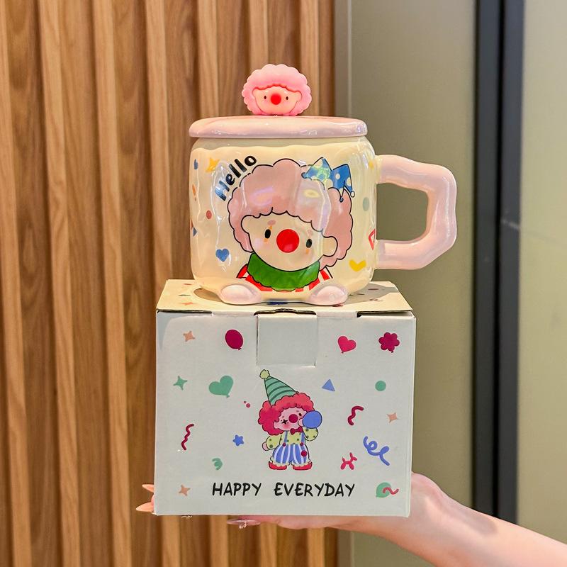 Cute Funny Clown Cup Girl Birthday Gift Couple Ceramic Mug with Lid Spoon Office Breakfast Cup