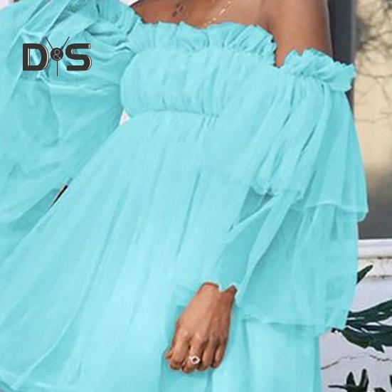 Women Dress Off Shoulder High Waist Mesh Layered Shirring A-line Long Sleeves Solid Color Princess Style Mini Dress Prom Beach Party Short Dress