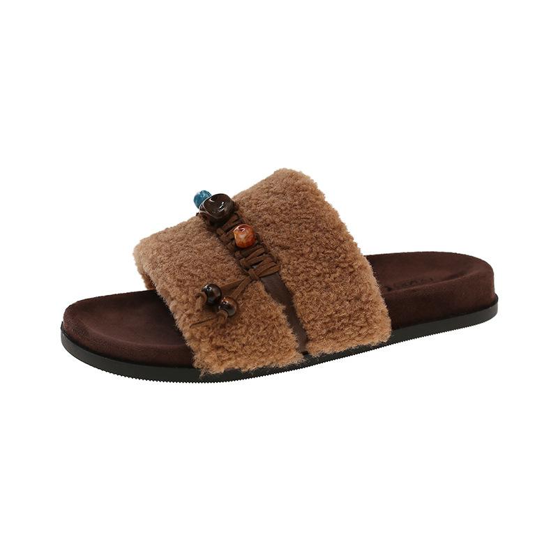 Retro mode handgjorda fransade pärlbroderade tjockbottnade fluffiga tofflor dam 2025 höst nya halkfria Birkenstock-tofflor trend
