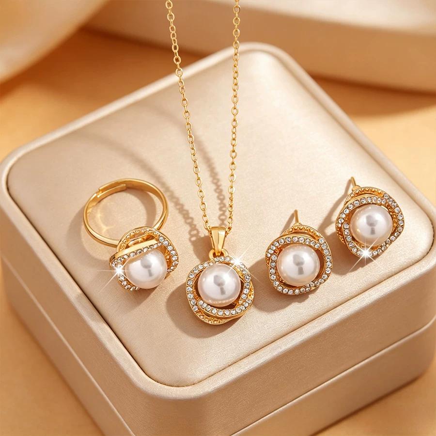 Winding Three-piece Light Luxury Pearl Rhinestone Set High-end Temperament Necklace Ring Earrings Fashion Versatile Jewelry