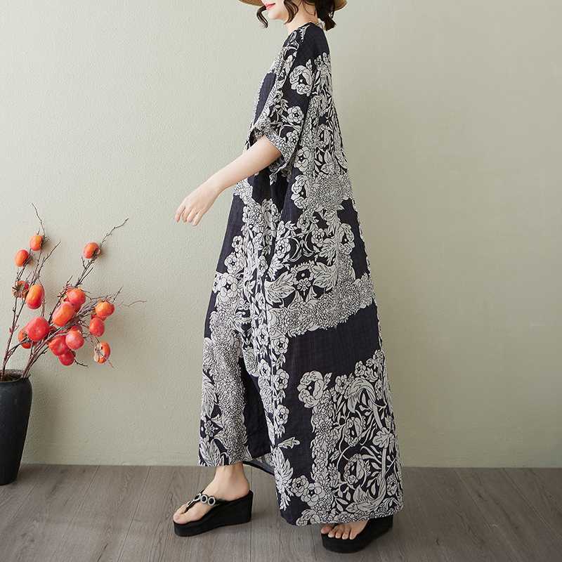 Women's Vintage Long Dress with Cotton and Linen Patterns