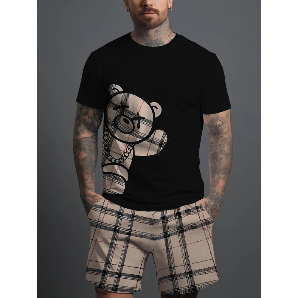 Summer Casual Short-Sleeve Fashionable Breathable Sports Set Loose Comfortable Soft Breathable Men's Bear Print Sport Wear