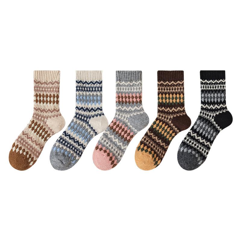 Nordic Diamond Lattice Warm Retro Ethnic Style Wool Socks Thick Pile Socks Confinement Socks