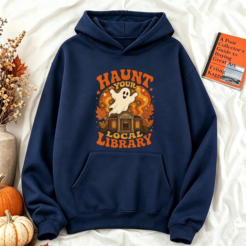 Retro Funny Halloween Ghost Hoodie Libarary Graphic Sweatshirt Bookish Gothic Unisex Streetwear Pullover Jumper for Her Hoodie