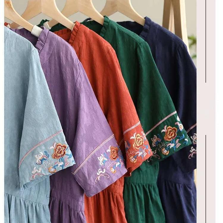 2025 Summer Washed Cotton Dress - Embroidered Midi Dress with Drawstring, Slim Fit Short Sleeve Linen Blend Dress, Boho Chic Casual Women's Outfit