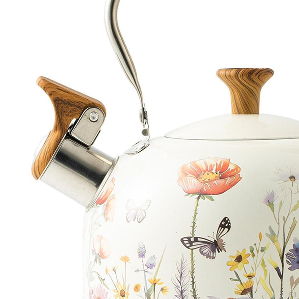 Kettle Whistling Stainless Steel Floral Pattern With Ergonomic Grip Handle Coffee Tea Maker