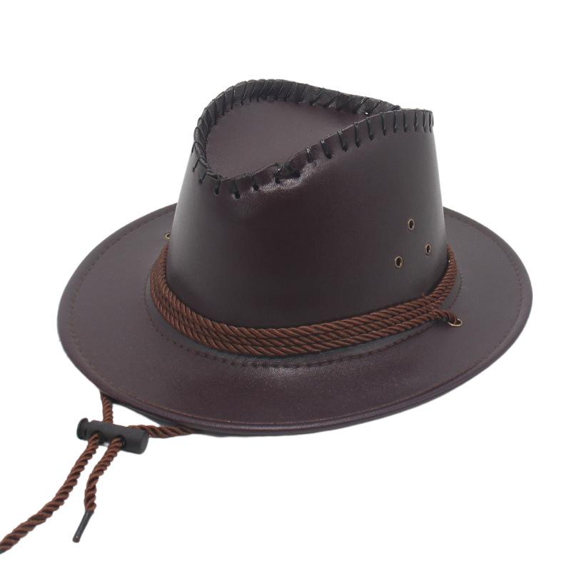 Small Brim Western Imitation Leather Cowboy Hat Windbreak Rope Prairie Riding Men And Women Wear Jazz Knight Hat