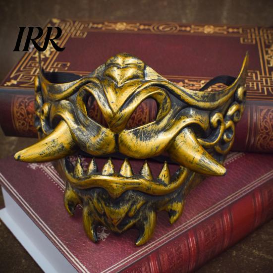 Stage Performance Halloween Props Japanese Hannya Red Half Mask, Wolf Teeth & Embossed Cloud Details, Breathable Lightweight Detailed Relief
