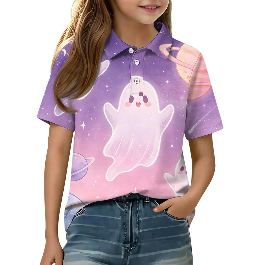 Kinder Halloween Aufdruck Poloshirt Kurzarm Lässiges T-Shirt Leichter Atmungsaktiver Stoff Bequeme Passform für Jungen Mädchen