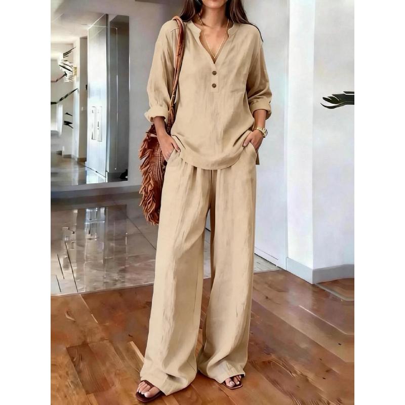 2026 New Women's Suit V-neck Long Sleeve Long Pants Solid Color Loose Casual Two-piece Set