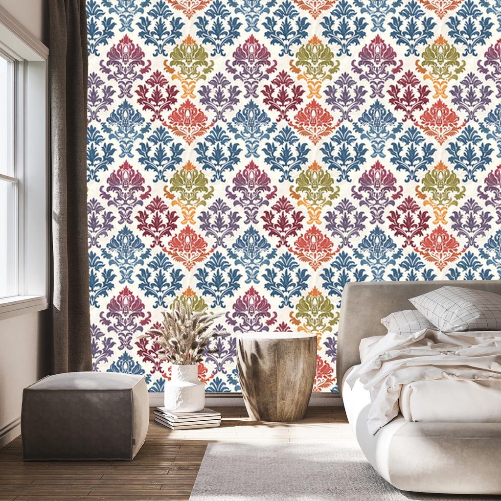 Baroque Damask Wallpaper Blue and Light Gray 50x1000