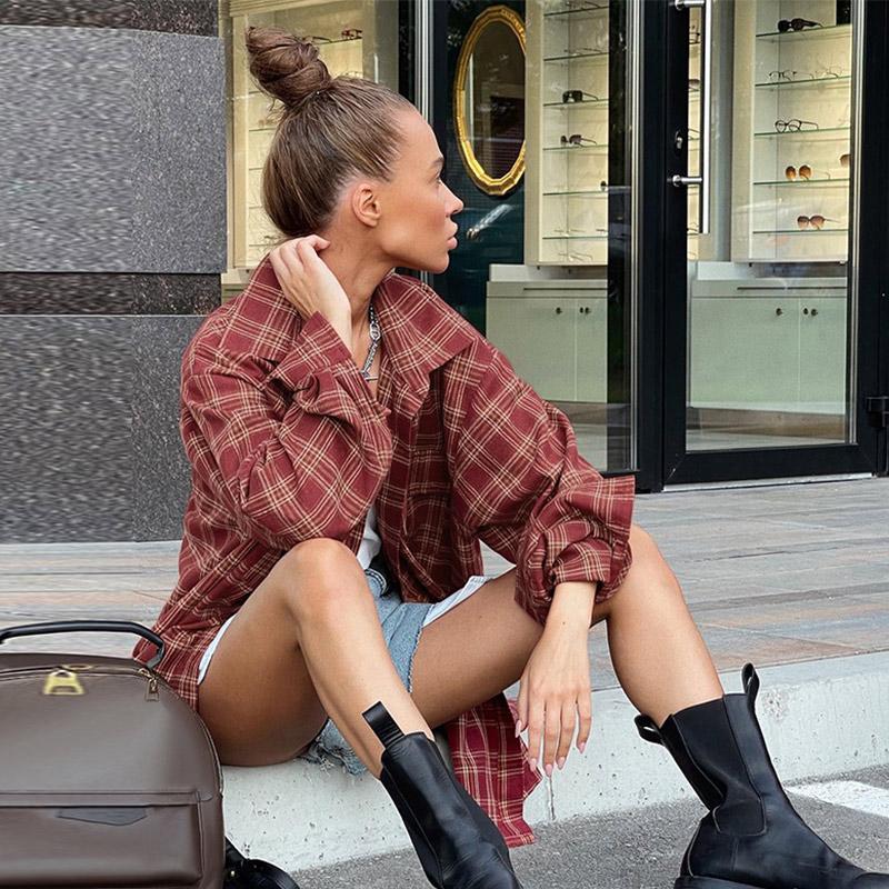 Chemises à carreaux vintage décontractées pour femmes, blouse ample à manches longues boutonnée sur le devant, printemps, surdimensionnée, classique, hauts high street