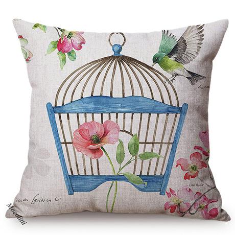 Nordic Water Color Birdcage Birds Sofa Decoration Throw Pillow Case Plum Blossom Garden Cotton Linen Print Cushion Cover Cojines