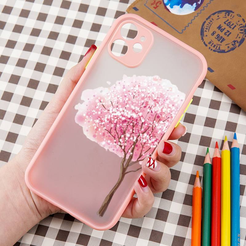 Pink Sakura Flower Cartoon Phone Case Matte Transparent  For Iphone 7 8 11 12 13 Plus Mini X Xs Xr Pro Max Cover