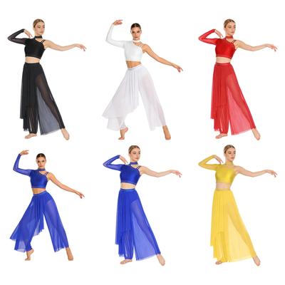 Damen Lyrisches Tanz Performance Set S-XXL: Asymmetrisches Crop-Top mit einem Ärmel, Strasssteinen & locker sitzende Überwurfhose